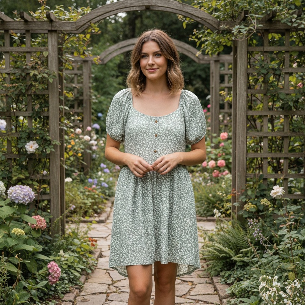 No Boundaries XXXL 21 Dress Green White Floral Puff Sleeve Cottage Coquette Twee